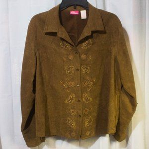 Pappagallo Embroidered Beaded Washable Faux Suede Button Down Shirt Size XLarge